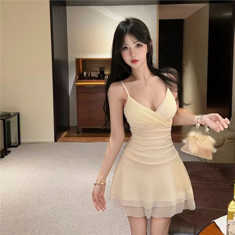 性感吊带纱网连衣裙低胸短裙柔式技师工作服夜场上班衣服按摩工衣