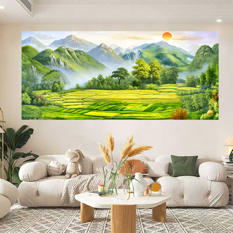 聚宝盆客厅招财装饰挂画旭日东升山水风景自粘画书房办公室靠山图
