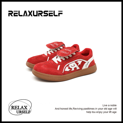 RELAXURSELF时尚小众潮流潮鞋低帮红色ins真皮德训鞋百搭