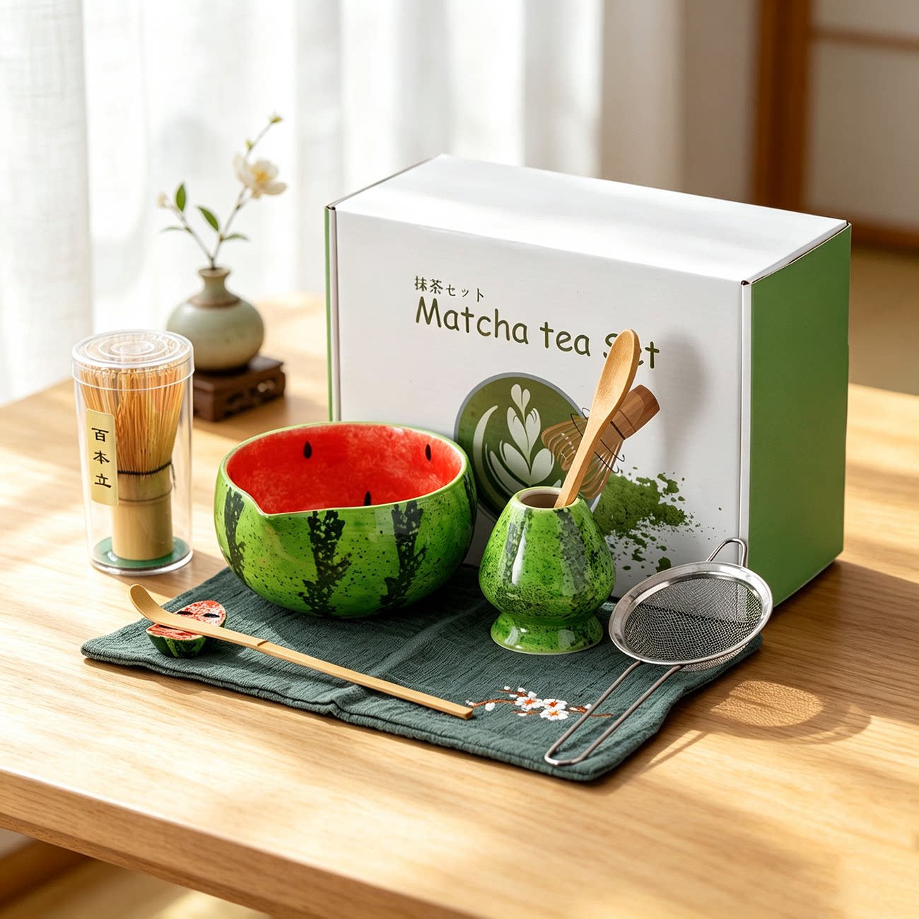 餐厅抹茶工具日式陶瓷抹茶茶具8件彩盒套装西瓜抹茶碗茶筅立茶拨