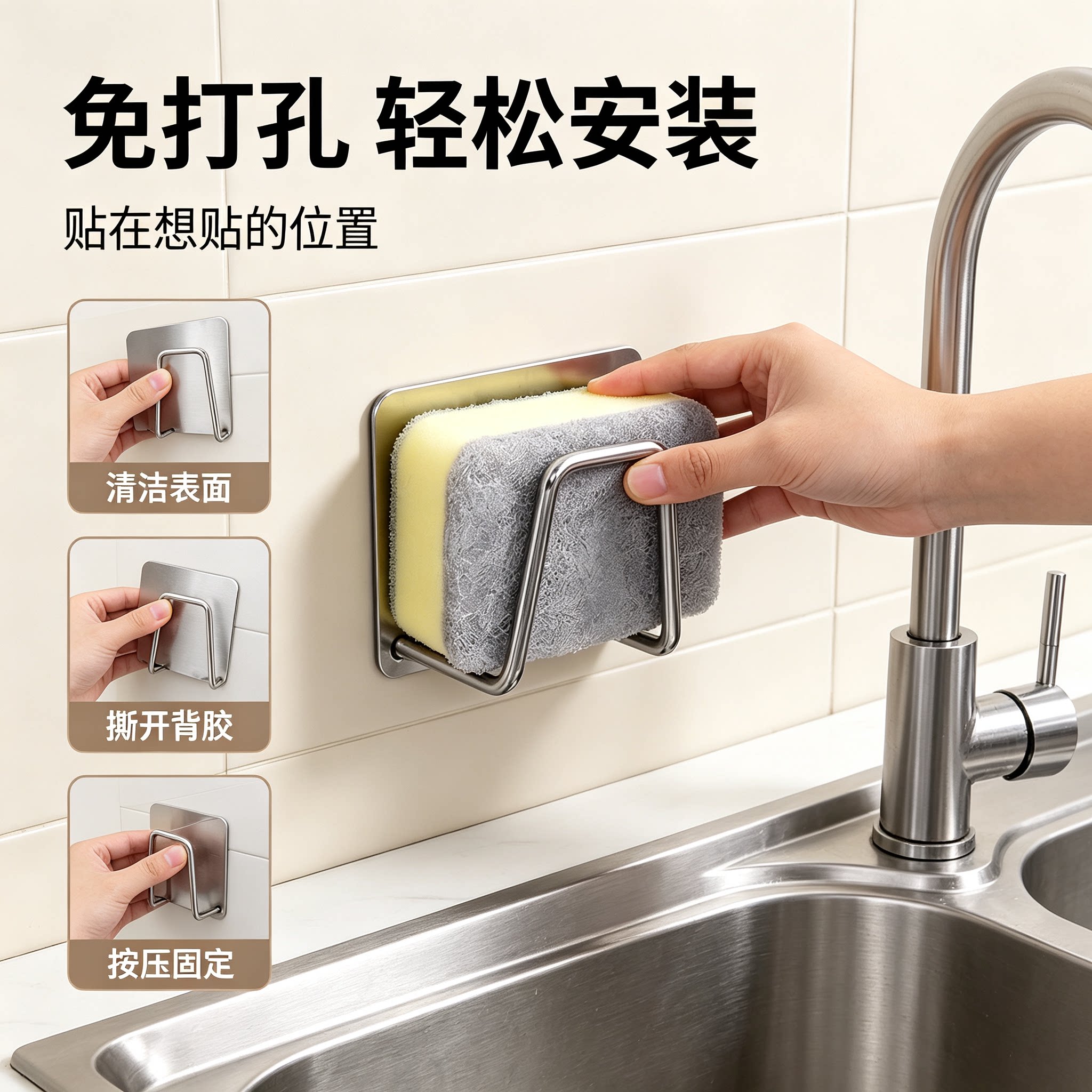 不锈钢免打孔壁挂海绵沥水架图片