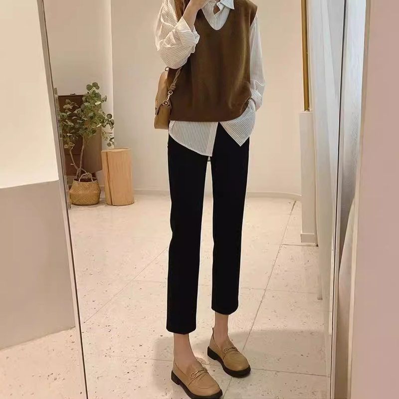 烟管裤女八分小个子2024春秋新款夏季高腰显瘦黑色七分直筒西装裤