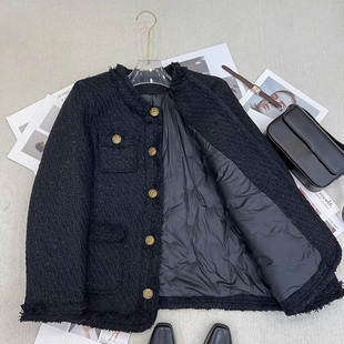 黑色经典小香风外套女冬圆领修身显瘦粗花呢上衣加厚白鸭绒羽绒服