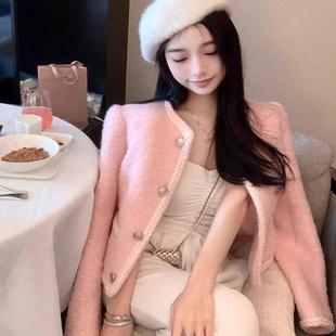 小香风名媛外套女秋冬小众轻奢小个子设计感粉色毛呢加棉加厚上衣