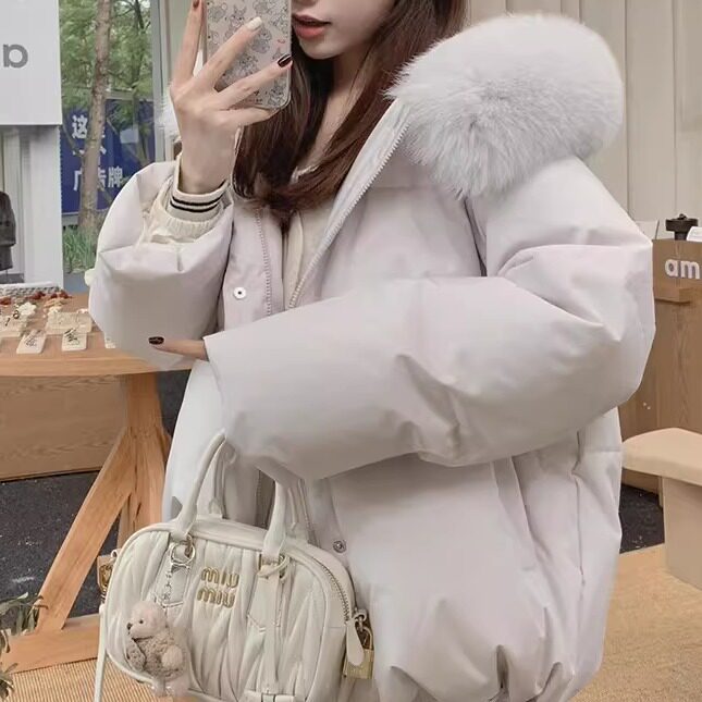 新款大狐狸毛领粉色羽绒服外套女