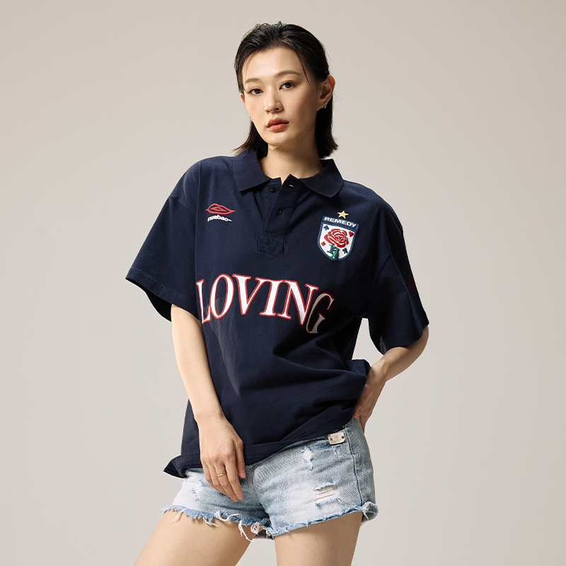 Remedy 夏季国潮恶搞球队情侣短袖T恤美式潮牌宽松翻领POLO衫男女