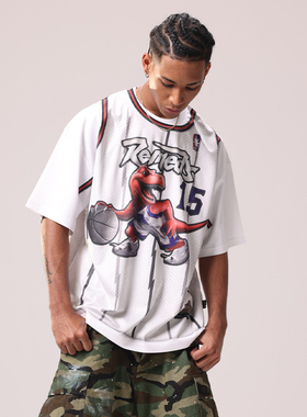 Remedy猛龙队卡特数码印花国潮上衣美式复古潮牌假两件短袖T恤男