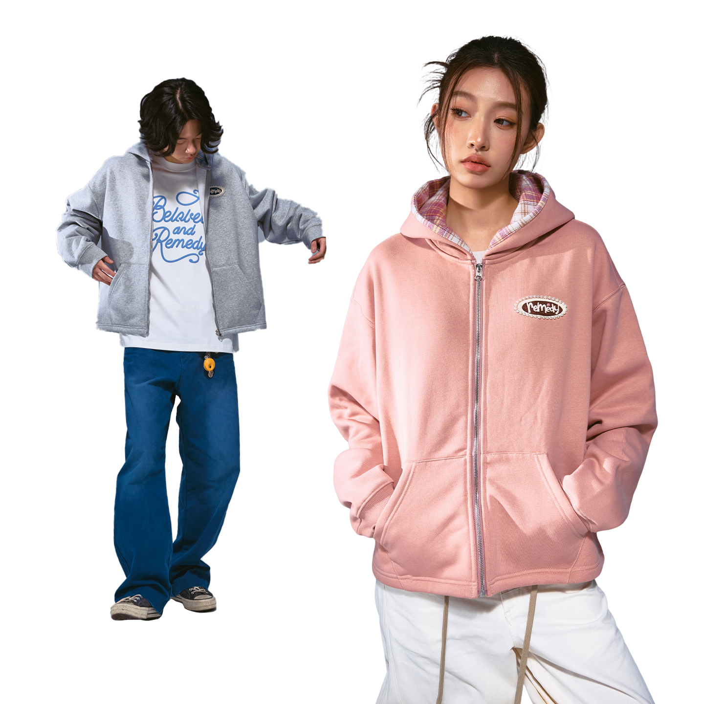 Remedy美式复古格子拼接连帽卫衣男女秋季潮牌开衫外套