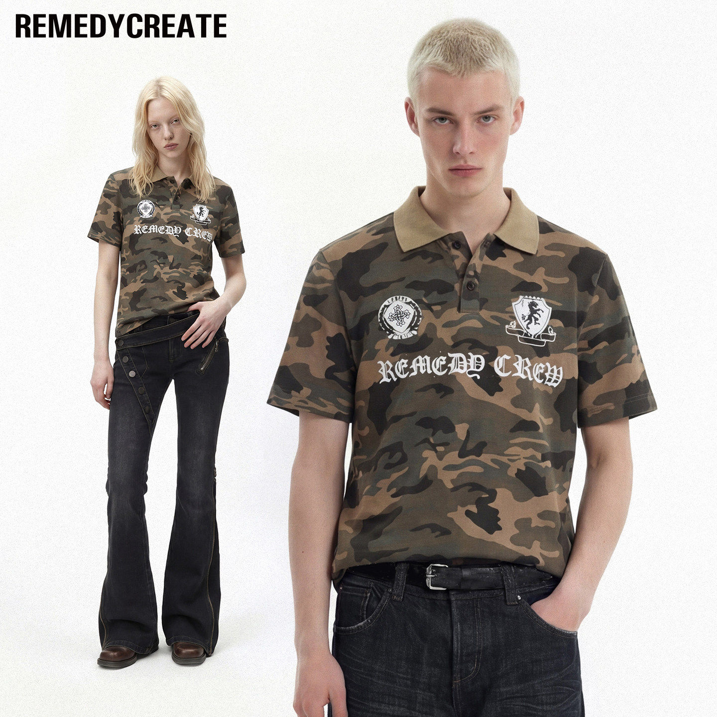 Remedy美式街头潮牌迷彩翻领POLO衫男女夏季字母印花休闲短袖T恤