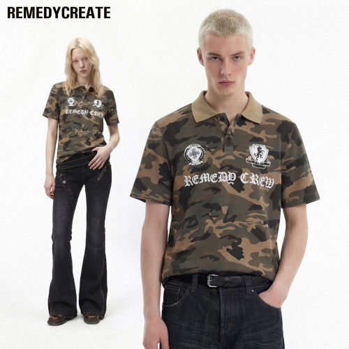 Remedy美式街头潮牌迷彩翻领POLO衫男女夏季字母印花休闲短袖T恤
