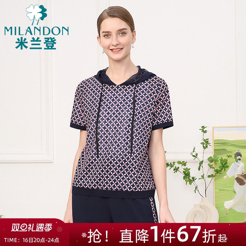 米兰登中老年女装连帽上衣女2024新款妈妈装夏装薄款时尚短袖t恤