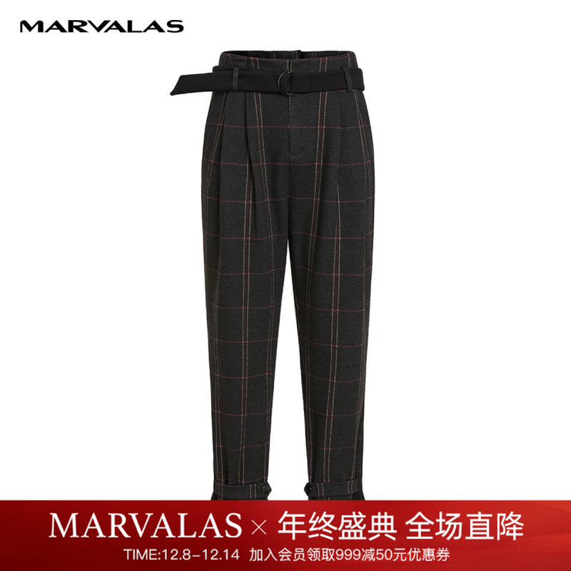 曼德诗格纹直筒裤女秋冬