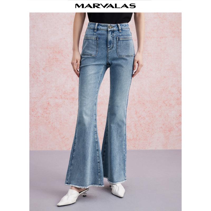 曼德诗高腰喇叭牛仔裤长裤