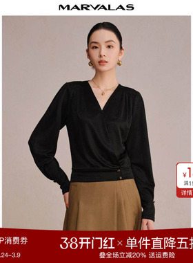 曼德诗V领醋酸针织衫女2025春秋新款纯色长袖宽松小衫百搭OL上衣