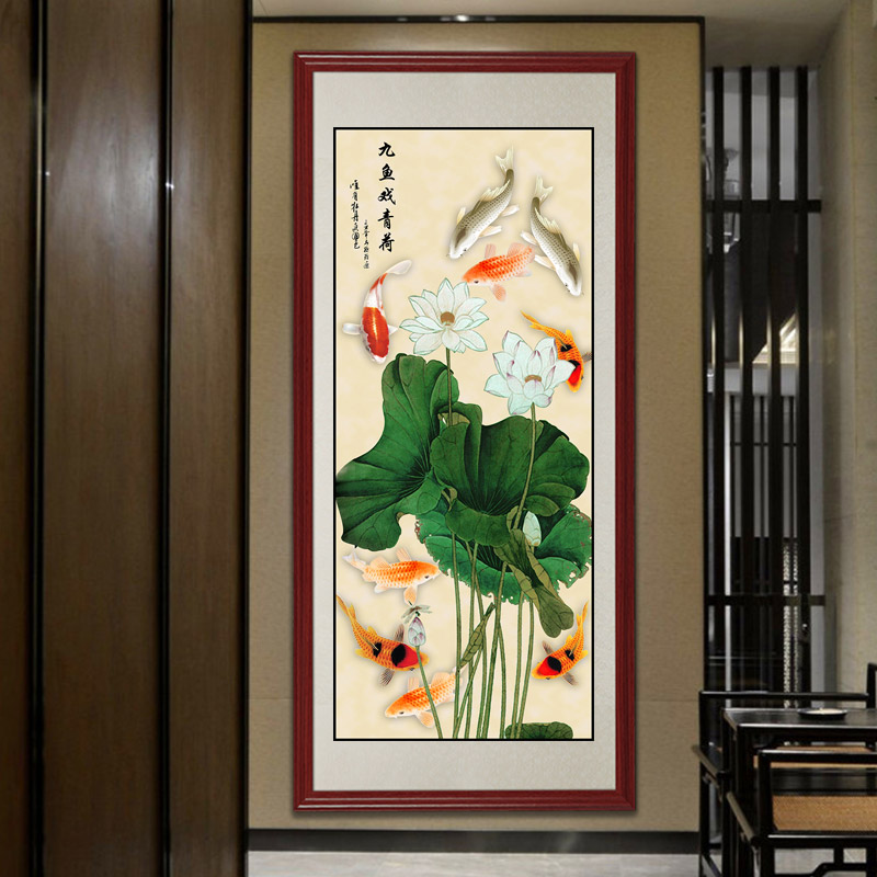 国画九鱼图工笔画 客厅玄关装饰画酒店挂画九条鱼荷花图富贵有余图片
