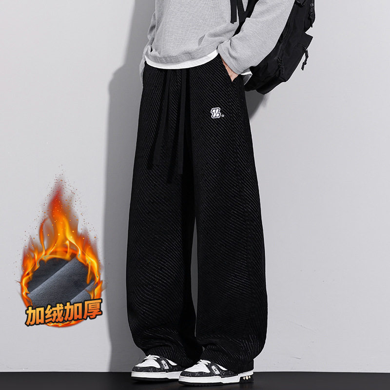 黑色弯刀卫裤子男款潮流百搭美式冬季直筒新款加绒运动休闲长裤子