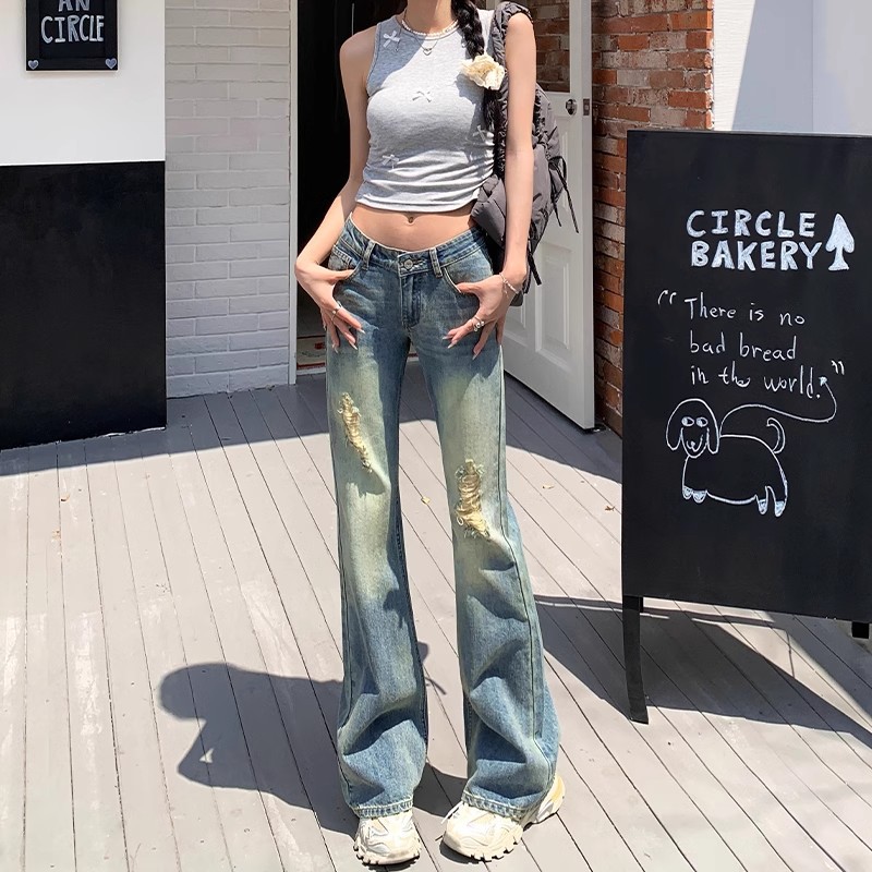 2025新款美式不贴腿微喇叭牛仔裤女夏季复古辣妹低腰直筒拖地裤子