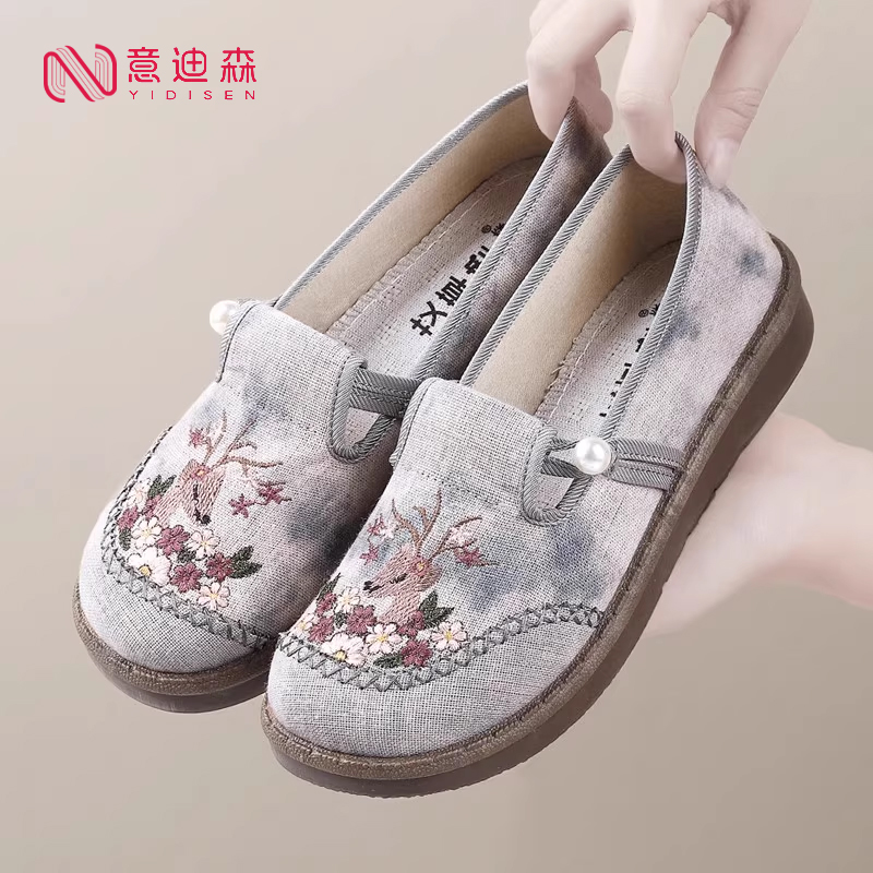 意迪森老北京布鞋春秋舒适休闲轻便印花一脚蹬妈妈鞋中老年防滑鞋
