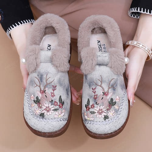 冬季老北京棉鞋国风刺绣妈妈鞋