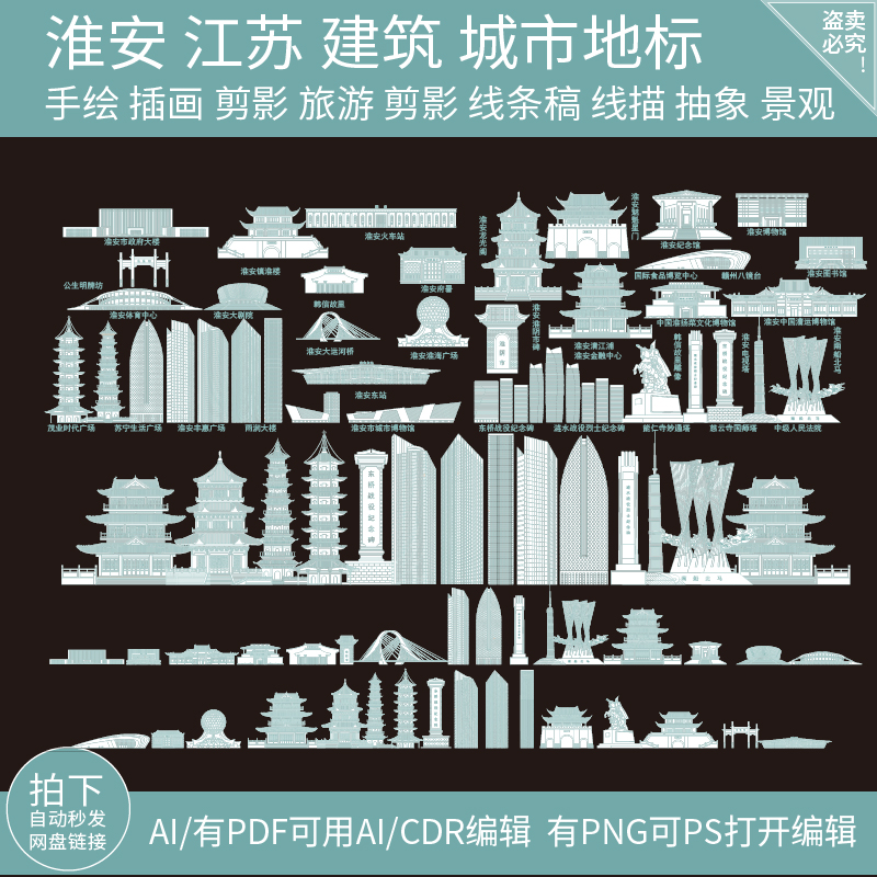 淮安江苏手绘地标建筑旅游景点城市剪影地平天际线描稿插画图素材