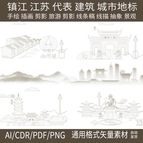 镇江江苏城市建筑天际地标线条描稿旅游剪影景观手绘插画设计素材