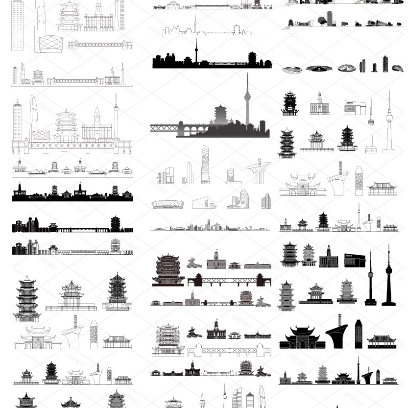 武汉湖北旅游手绘地标剪影建筑景点设计地平天际线描稿插画图素材