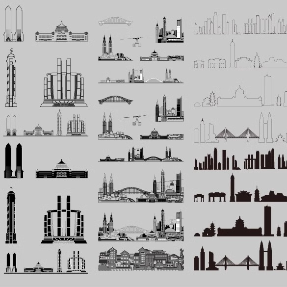 重庆渝景点地标剪影建筑旅游手绘地平天际线描稿插画图设计素材
