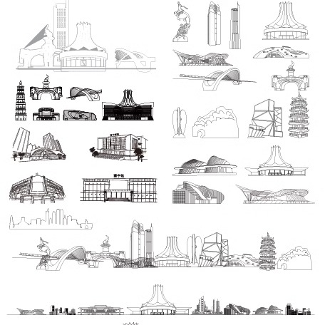 南宁广西手绘景点地标剪影旅游建筑地平天际线描稿插画图设计素材