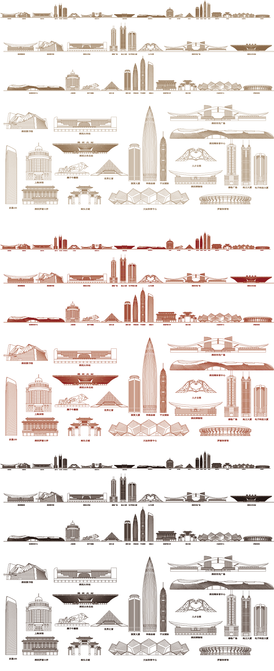 深圳广东建筑粤港澳大湾区地标剪影景点旅游城市天际线条描稿素材