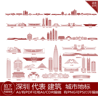 深圳广东建筑粤港澳大湾区地标剪影景点城市旅游天际线条描稿素材