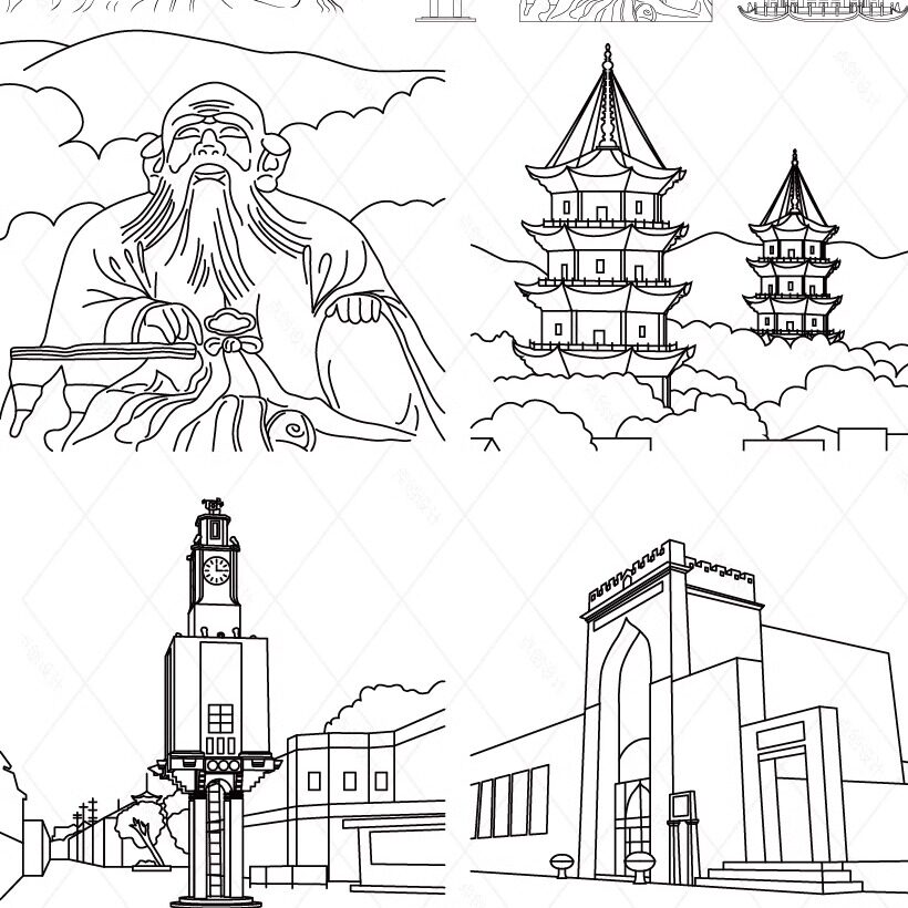 泉州福建设计剪影建筑手绘景点地标旅游地平天际线描稿插画图素材