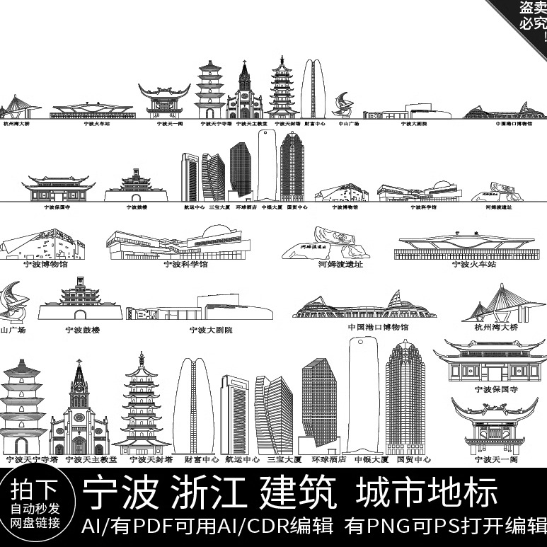 宁波浙江剪影景点建筑手绘旅游地标地平天际线描稿插画图素材