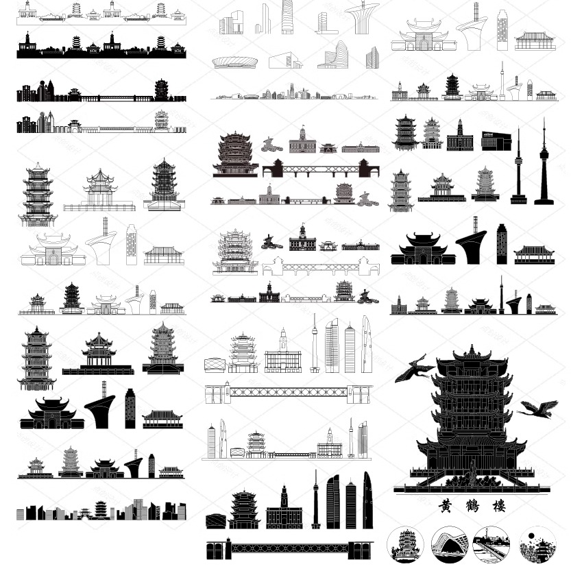 武汉湖北旅游手绘地标设计剪影建筑景点地平天际线描稿插画图素材