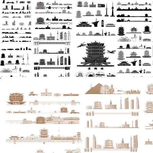 武汉湖北旅游手绘地标剪影设计景点建筑地平天际线描稿插画图素材