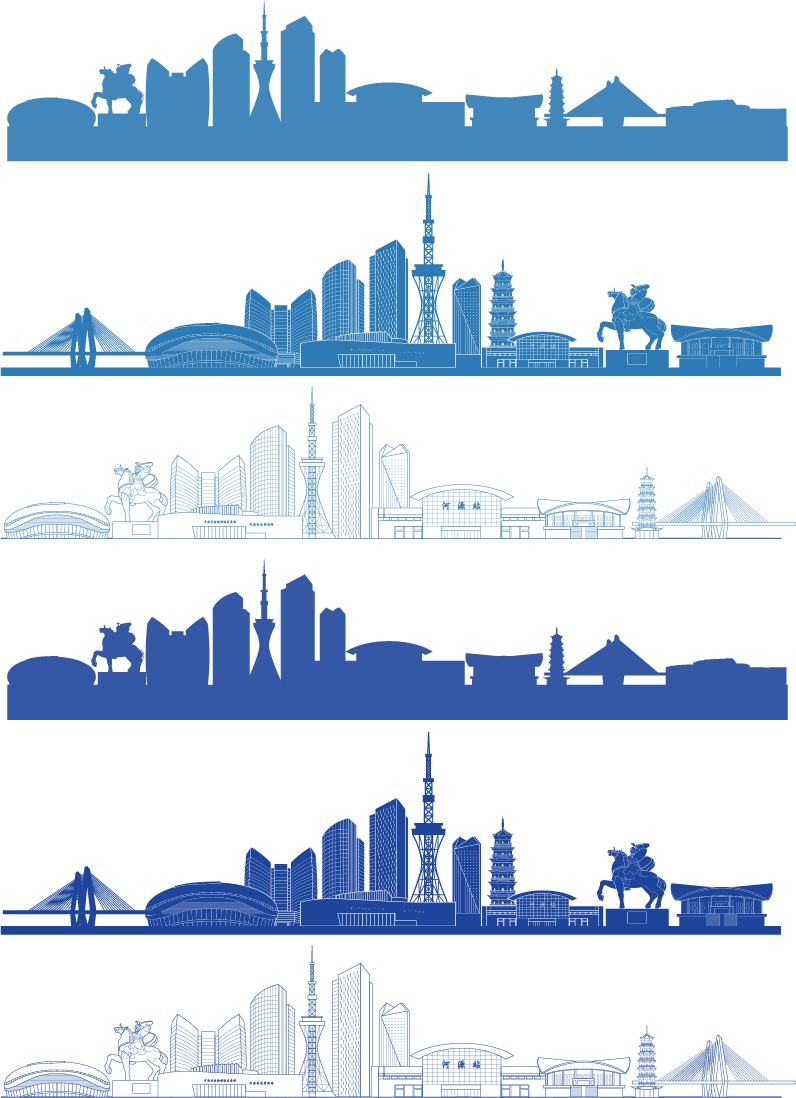 河源广东地标建筑插画城市剪影旅游景点天际线条描稿设计手绘素材