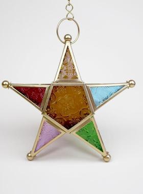 摩洛哥铁艺彩玻风灯蜡烛台花园露台挂件家居装饰品圣诞金属工艺品