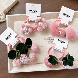 韩版 甜美丝绒草莓女孩发绳发圈百搭烫钻樱桃可爱少女皮筋花朵发饰