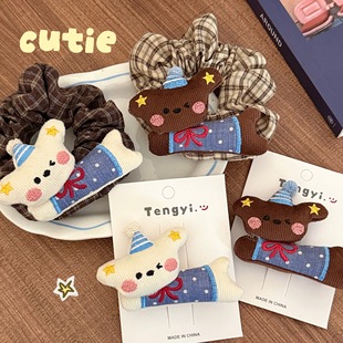 可爱布艺小狗发夹大肠圈学院风格 纹玩偶发绳少女高马尾头绳刘海夹