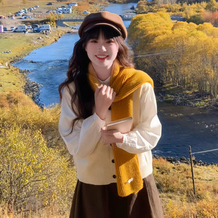 黄色毛线针织围巾女秋冬韩系氛围感纯色复古百搭保暖护颈情侣围脖