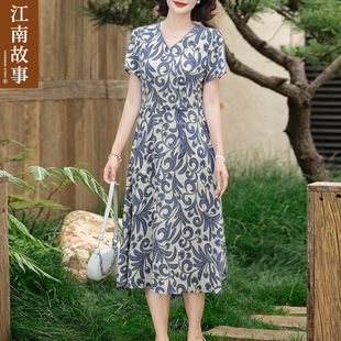 夏季 妈妈装 江南故事 碎花连衣裙中老年女宽松显瘦裙 2025新款