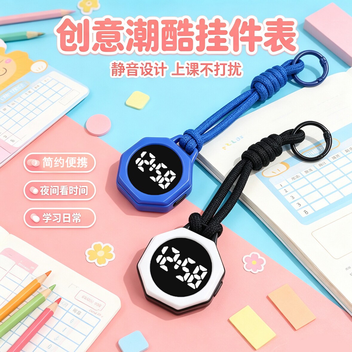 新款八角钥匙扣手表男女学生简约书包吊坠挂件便捷数字夜光电子表