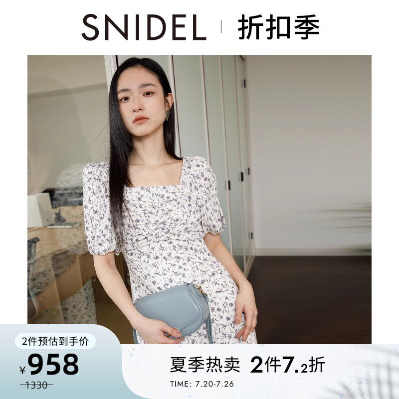 速发S碎DEL2024春品甜美气质方泡泡领袖收腰I花连衣裙SWFO241084