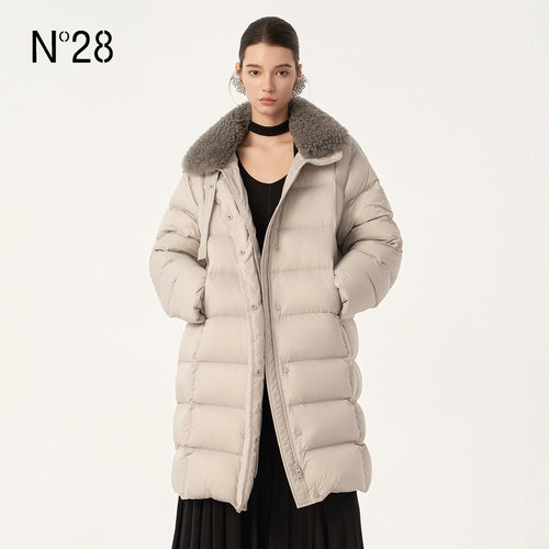 N°28冬季新款鹅绒服简约风绵羊毛领拼接长款过膝90白鹅绒羽绒服