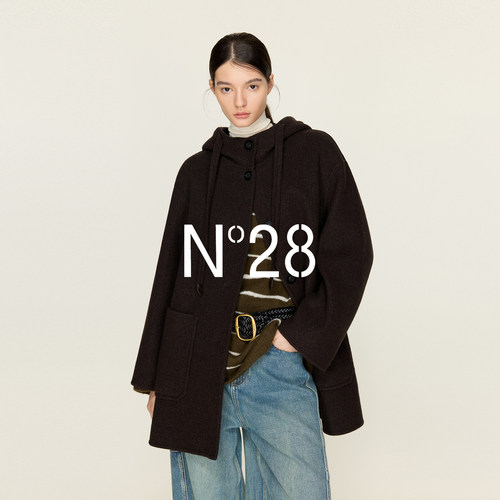 N°28山羊绒双面呢大衣女冬季中长款抽绳连帽高级感毛呢外套-