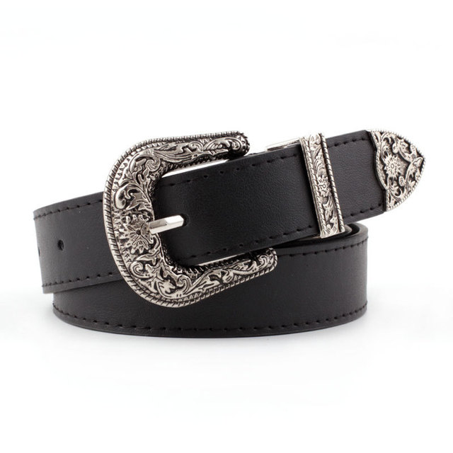 现货Wo's Retro Pi Bule Belt Vitage Carved  PU Lr Got