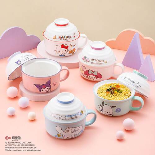 HelloKitty陶瓷泡面碗带盖带把可爱多功能大号饭盒卡通学生宿舍