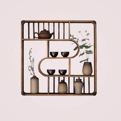 古架实木中式挂式博墙上客厅置物AJS架实茶具茶壶木架子挂壁墙博