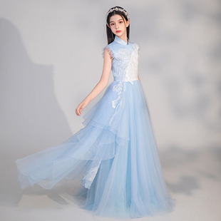 儿童民乐演出服2025新款浅蓝色新中式走秀礼服裙小女孩国风古筝服