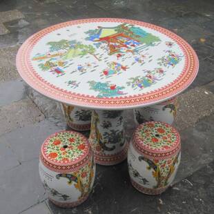 景德镇陶瓷工艺品 釉上彩花鸟陶瓷餐桌 桌子凳子家居庭院装饰摆件