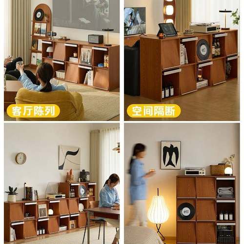 杨实木书柜自合由组矮柜中古黄落木格子柜客厅收纳F99JM9ST边柜地